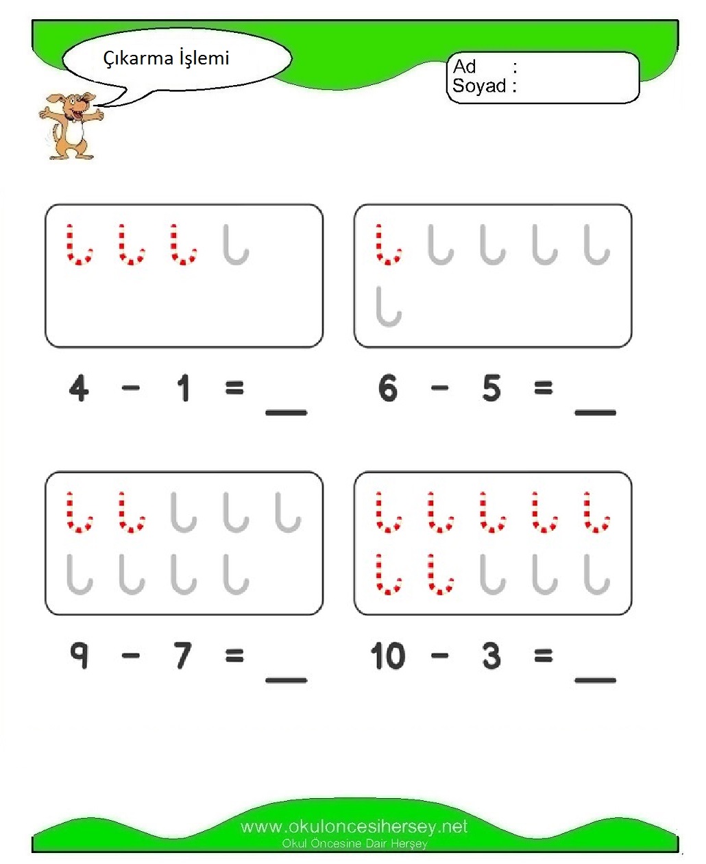 okul öncesi çocuklar için Çıkarma İşlemi çalışma sayfaları